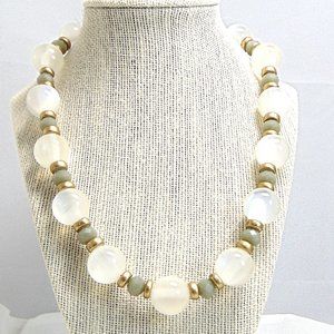 White Cat's Eye Acrylic w Gray Crystal Necklace